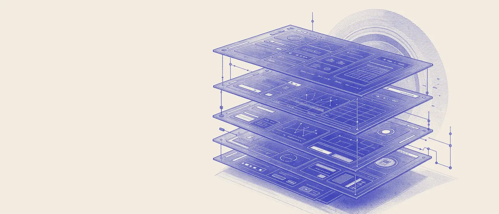 Engraved illustration of a website's layers stacked under an orange sun
