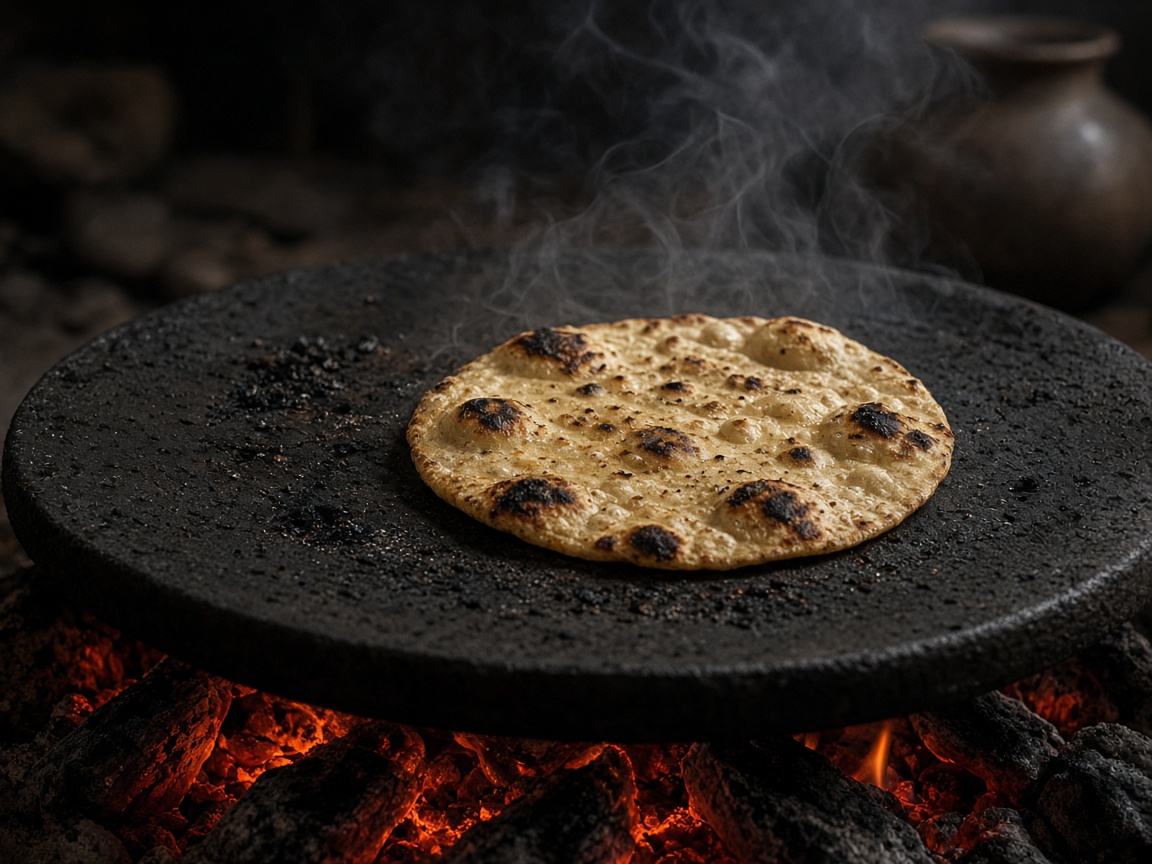 Comal over coals, tortilla blistering, ember glow