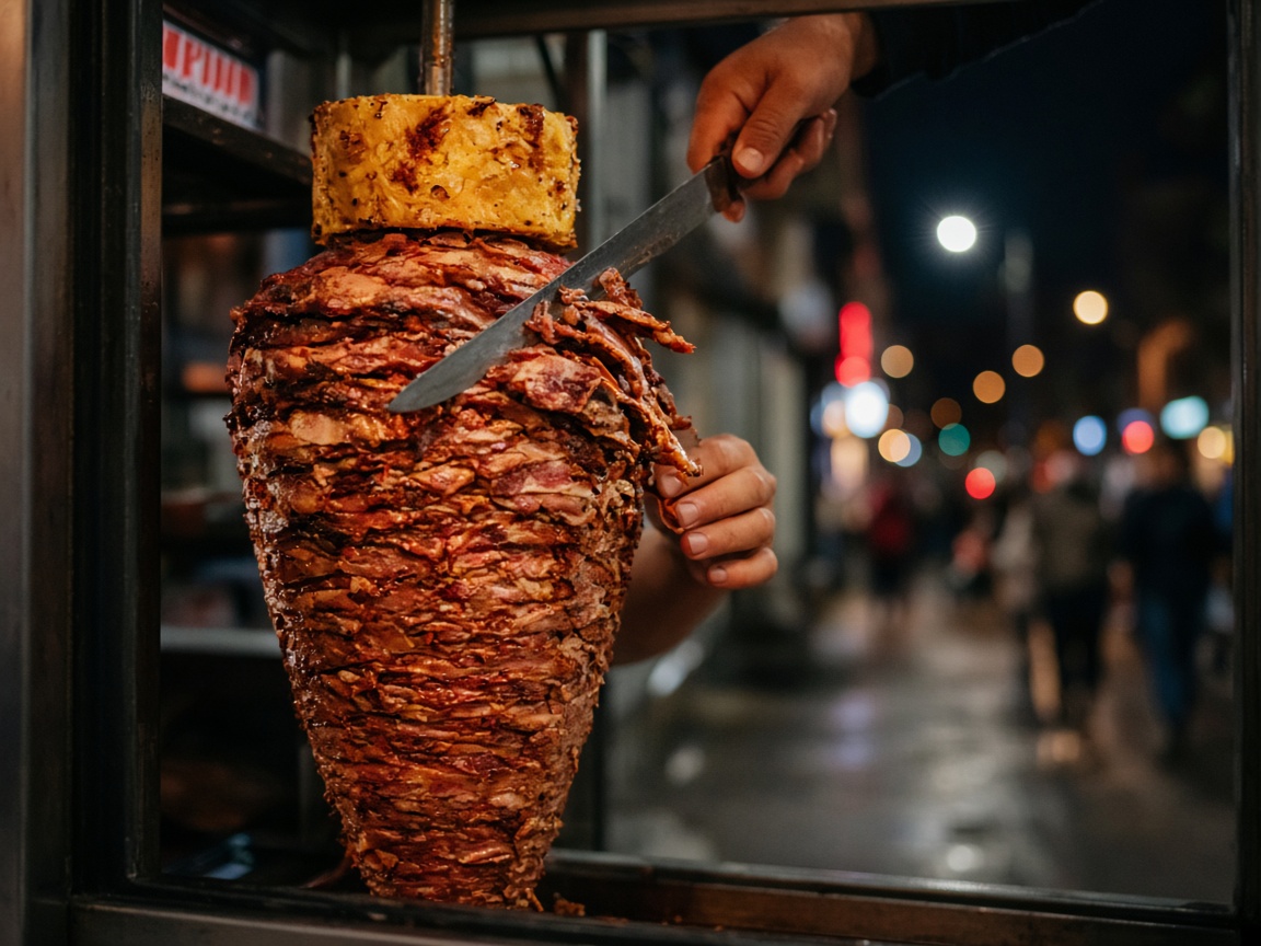 Trompo carved at the window, night street behind