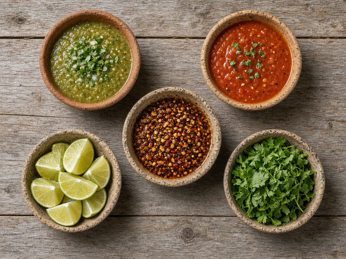 Salsa line-up, overhead, rough clay bowls