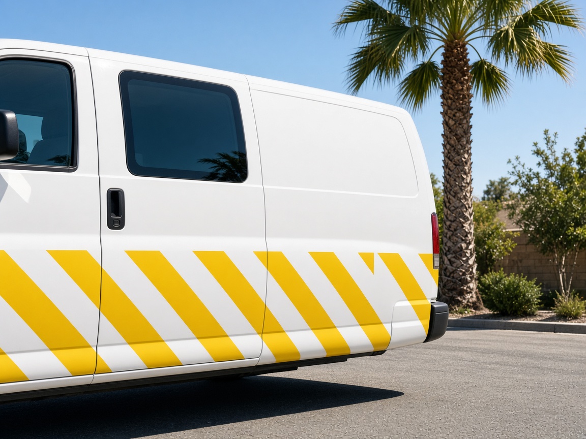 Van door detail, yellow chevron, Riverside palm behind