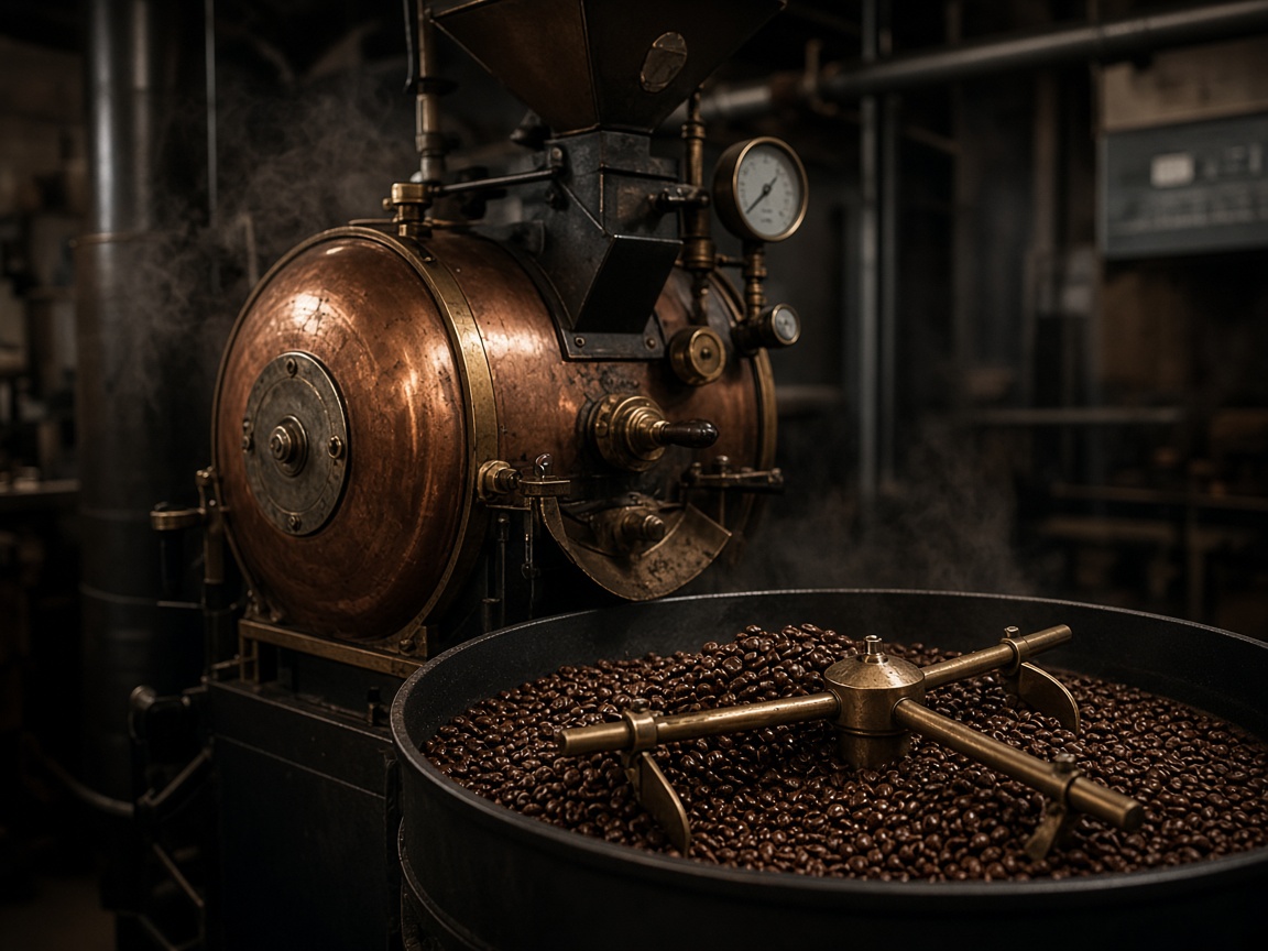 Roaster drum mid-batch, copper tones