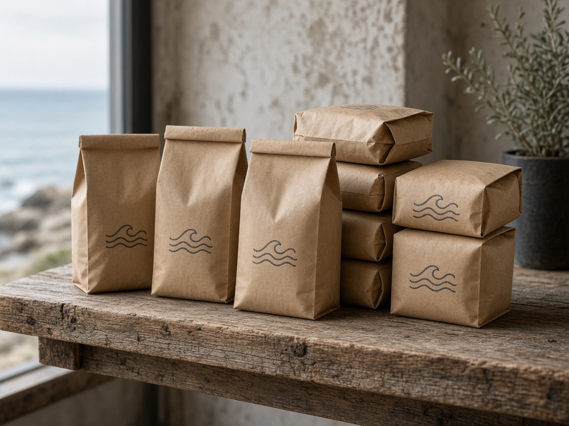 Bags stacked on reclaimed wood, tide-line stamp