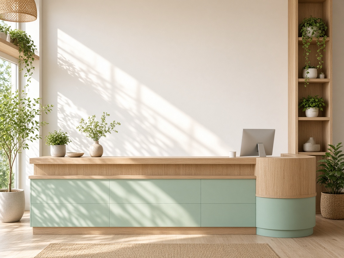 Front desk, wood and mint, morning sun